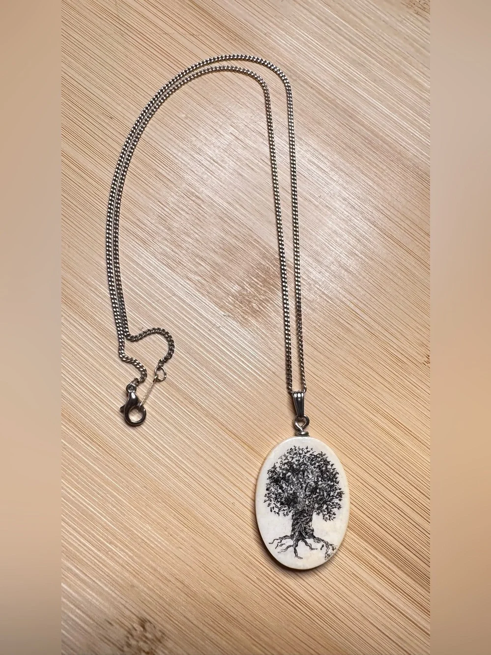 Tree of Life Oval Pendant Necklace - Faux Bone carved on silver tone chain